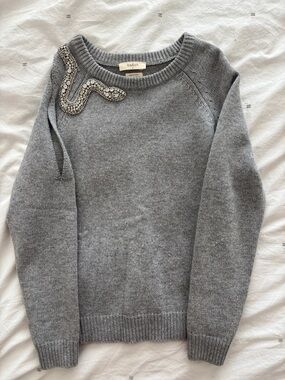 ba&sh Gray Crewneck Cashmere Wool Sweater Rhinestone Snake Shoulder Accent